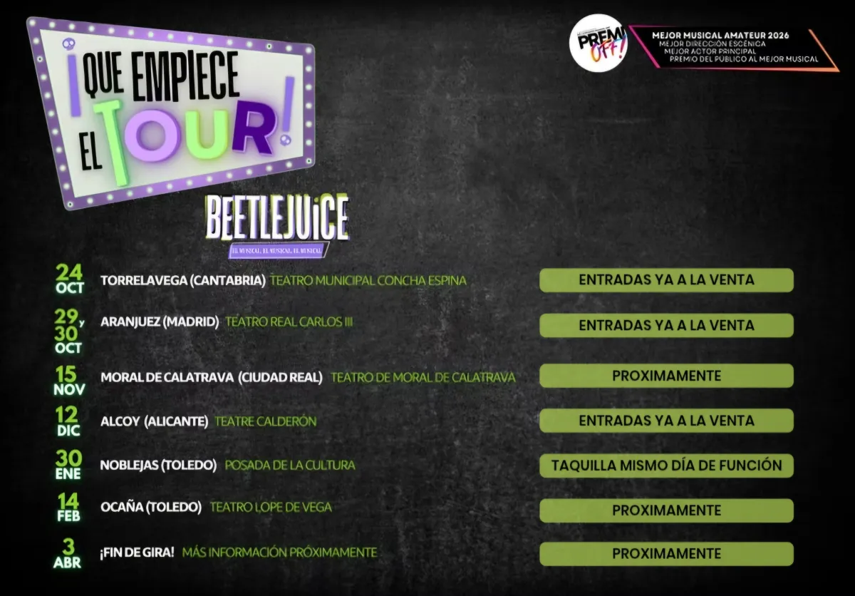 La adaptación de «Beetlejuice» de Telón Aparte sale de gira nacional tras arrasar en los PremiOFF