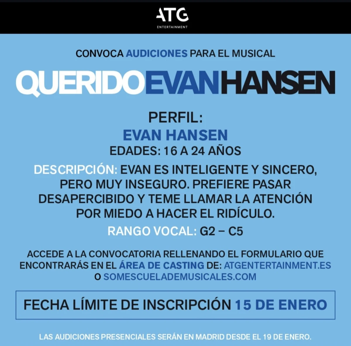Buscan a Evan Hansen! ATG Entertainment abre el casting para el estreno del musical en Madrid