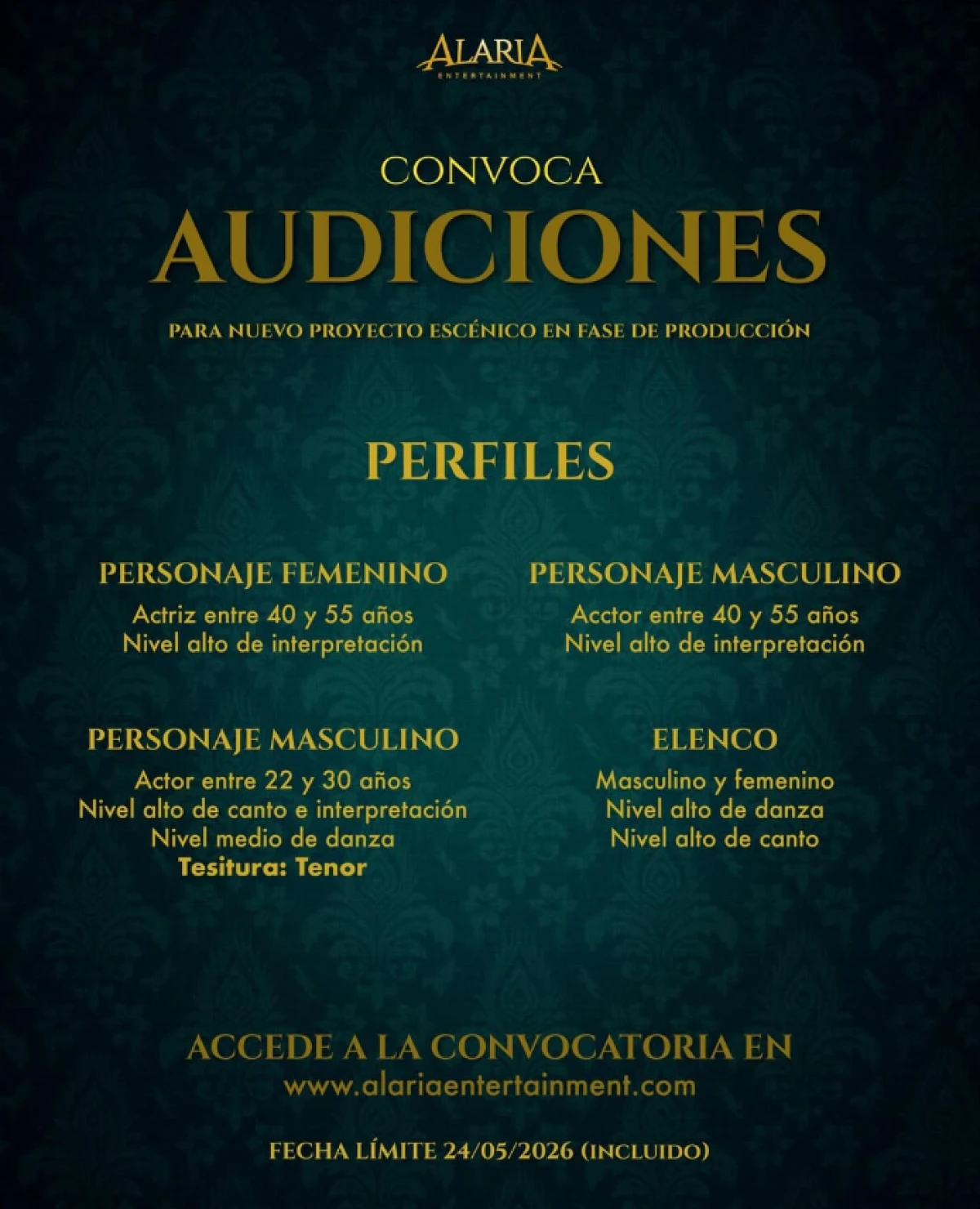 Alaria Entertainment busca talento para el desarrollo de un nuevo musical de época